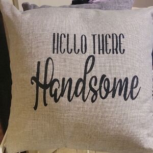 Gray Decorative Pillow with Black Text